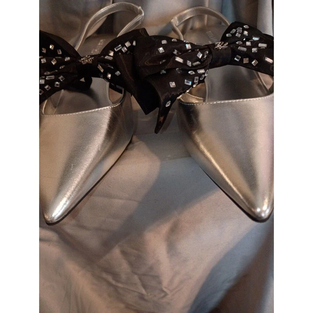 Karl Lagerfeld Sky Lynn Silver Slingback Pumps Removable Crystal Embellished Bow